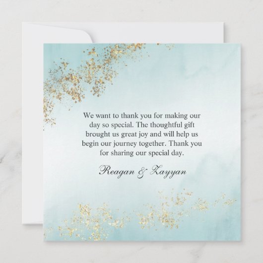 Moderne Luxe Gold Flecks Blauwgroen mist Wedding Bedankkaart (Achterkant)