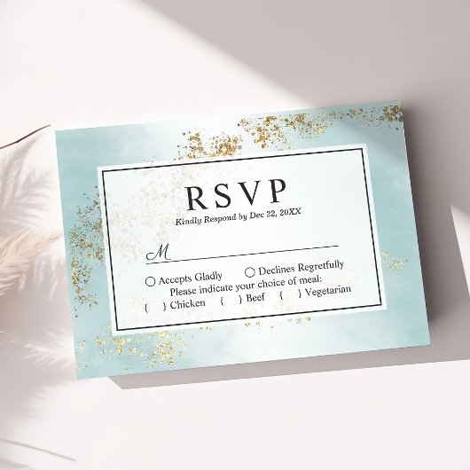 Moderne Luxe Gold Flecks Blauwgroen mist Wedding RSVP Kaartje