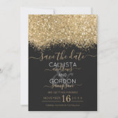 Moderne Luxe Goud Zwarte Glitters Confetti Bruilof Save The Date (Voorkant)