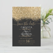 Moderne Luxe Goud Zwarte Glitters Confetti Bruilof Save The Date (Staand voorkant)