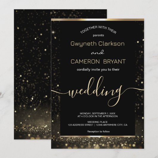 Moderne luxe goud zwarte glitters uitnodiging (Voorkant / Achterkant)