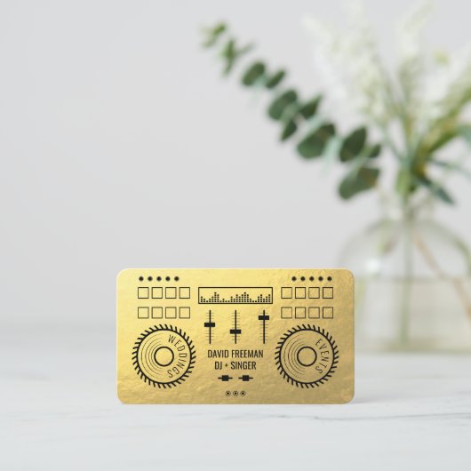 Moderne luxe gouden folie zwarte dj muziek draaita visitekaartje (Staand voorkant)