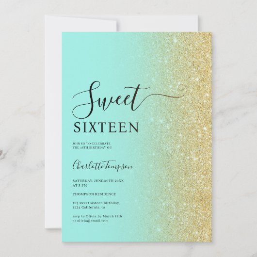 Moderne luxe gouden glitter munt zoet 16 kaart (Voorkant)
