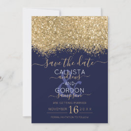 Moderne luxe gouden marine glinsterende confetti b save the date