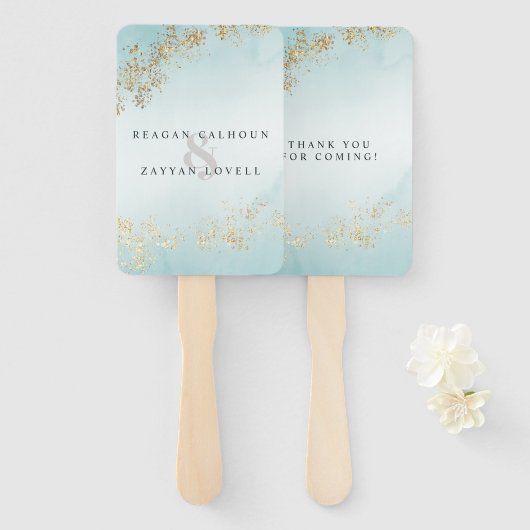 Moderne Luxe Gouden Vlekjes Turquoise Mist Bruilof Handwaaier (Voorkant en achterkant)