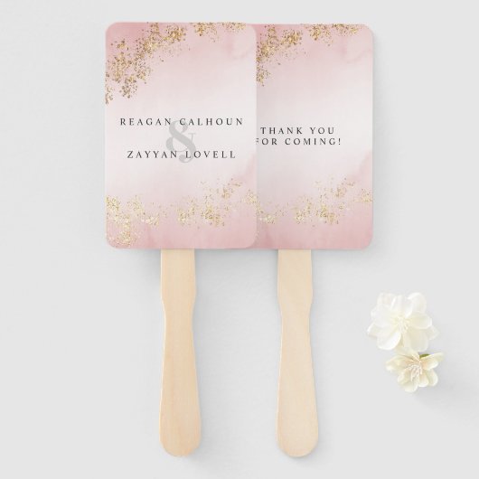Moderne Luxe Gouden Vlekken Blush Roze Mist Bruilo Handwaaier (Voorkant en achterkant)