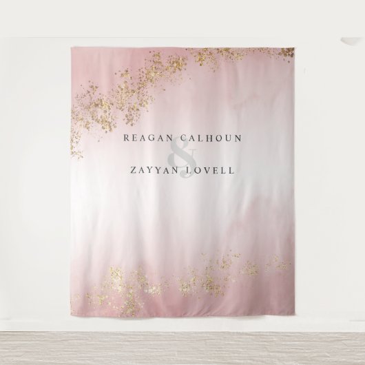 Moderne Luxe Gouden Vlekken Blush Roze Trouwfoto Wandkleed (Voorkant)