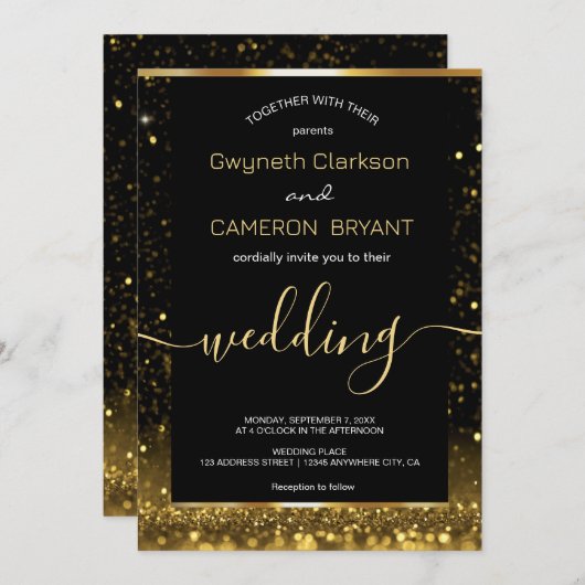 Moderne luxe gouden zwarte glitters uitnodiging (Voorkant / Achterkant)