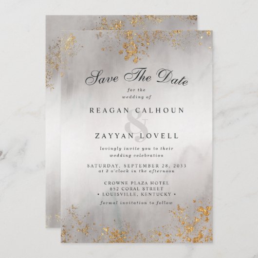 Moderne luxe goudrecepten grijze neiging sparen de save the date (Voorkant / Achterkant)
