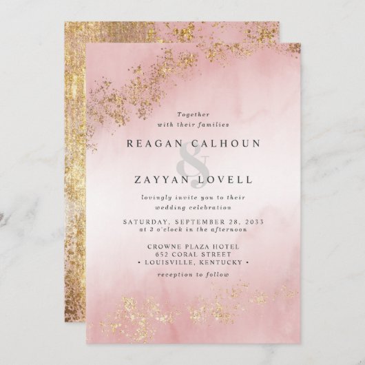 Moderne luxe goudvlekken op een roze bruine bruilo kaart (Voorkant / Achterkant)