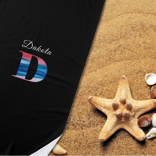 Moderne luxe koraalblauwe initiële naam D zwart Strandlaken