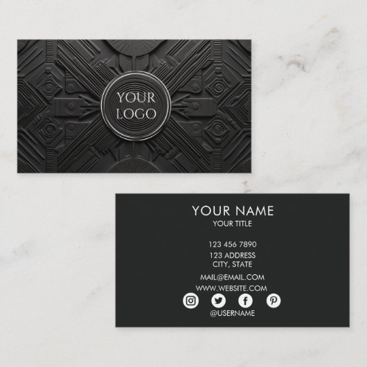 Moderne luxe mat zwart custom logo social media visitekaartje (Voorkant / Achterkant)