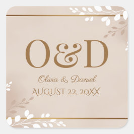 Moderne Luxe Neutrale & Gouden Monogram Trouwdag Vierkante Sticker