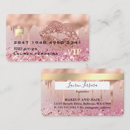 Moderne Luxe Roos Gold Lips Faux Debit Card Visitekaartje (Voorkant / Achterkant)