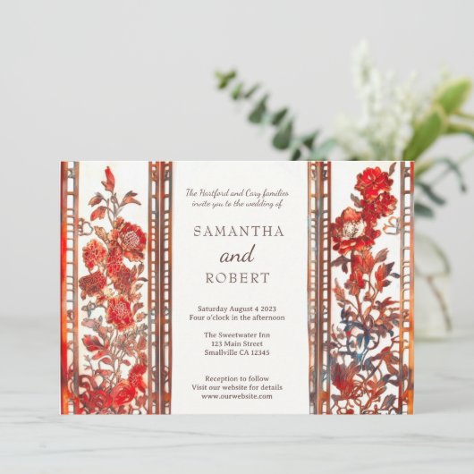 Moderne Luxe Ruby Aziatische bruiloft Kaart (Staand voorkant)