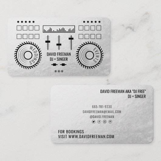 Moderne luxe zilveren folie zwarte dj muziek draai visitekaartje (Voorkant / Achterkant)