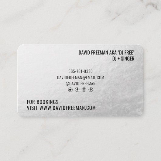 Moderne luxe zilveren folie zwarte dj muziek draai visitekaartje (Achterkant)