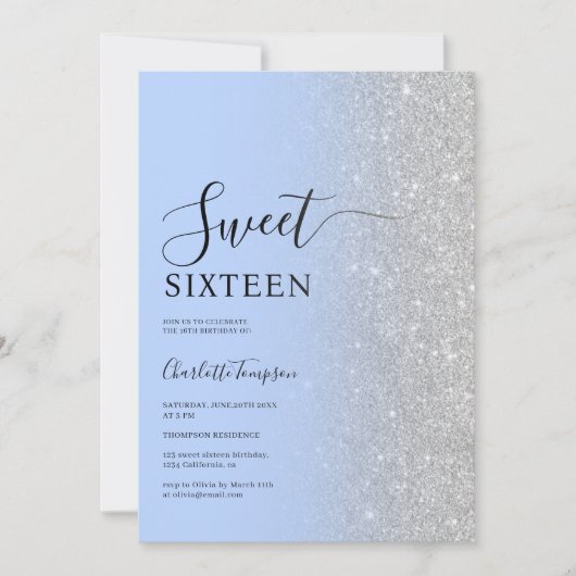 Moderne luxe zilveren glitter ijsblauw zoet 16 kaart (Voorkant)