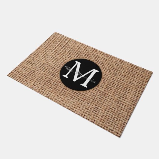 Moderne luxe zwart en bruin, monogrammed burlap deurmat (Schuin)