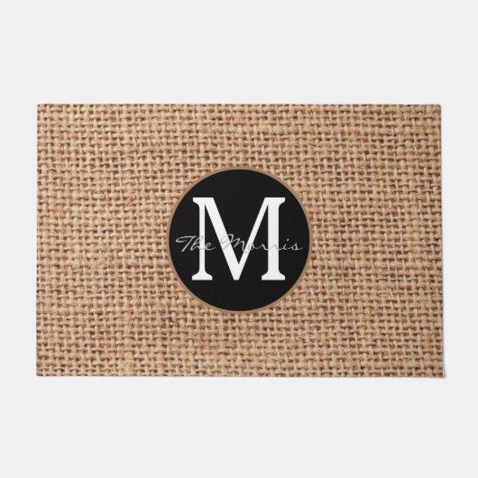 Moderne luxe zwart en bruin, monogrammed burlap deurmat (Voorkant)