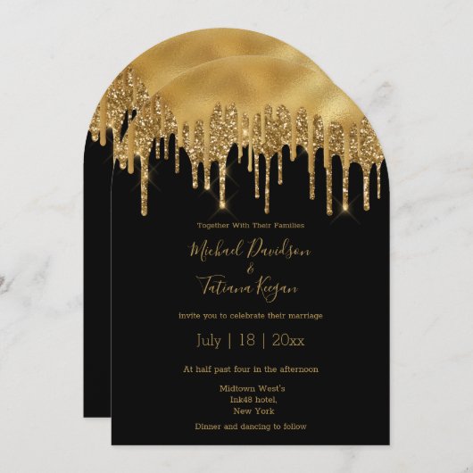 Moderne luxe zwart goud glitters trouwboog kaart (Voorkant / Achterkant)