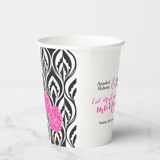 Moderne luxe zwarte witte en roze bruiloft papieren bekers (Rechts)