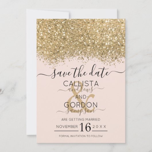 Moderne Luxury Gold Pink Glitter Confetti Wedding Save The Date (Voorkant)