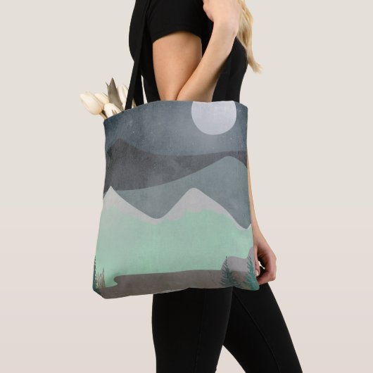 Moderne maan- en bergen abstracte landschapskunst tote bag (Dichtbij)