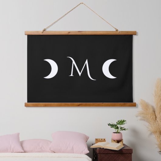 Moderne maan zwart-wit monogram hangend wandkleed (Slaapkamer)
