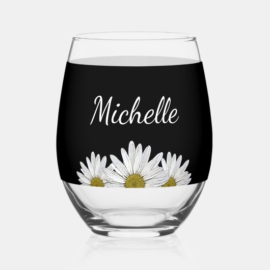 Moderne madeliefjes rustiek bloemig zwart wijnglas zonder voet (Voorkant)