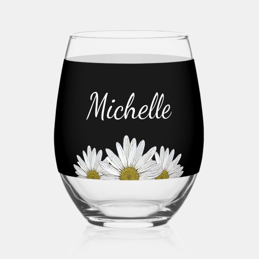 Moderne madeliefjes rustiek bloemig zwart wijnglas zonder voet (Achterkant)