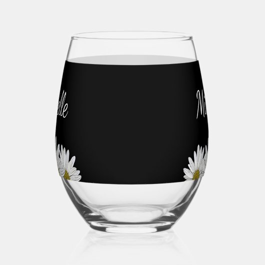 Moderne madeliefjes rustiek bloemig zwart wijnglas zonder voet (Links)
