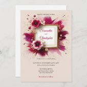 Moderne magenta bloemen en gouden lijsten bruiloft kaart (Voorkant / Achterkant)