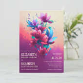 Moderne magenta Blue Artsy Flowers Wedding Kaart (Staand voorkant)