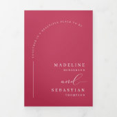 Moderne magenta boho boog foto QR code bruiloft Drieluik Uitnodiging (Cover)