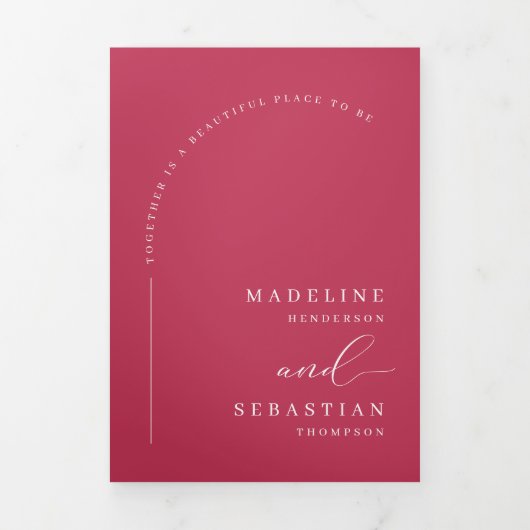 Moderne magenta boho boog foto QR code bruiloft Drieluik Uitnodiging (Cover)