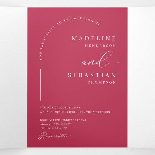 Moderne magenta boho boog foto QR code bruiloft Drieluik Uitnodiging (Binnenkant midden)