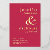 Moderne Magenta bruiloft Bewaar de datum goud Folie Uitnodiging (Voorkant)