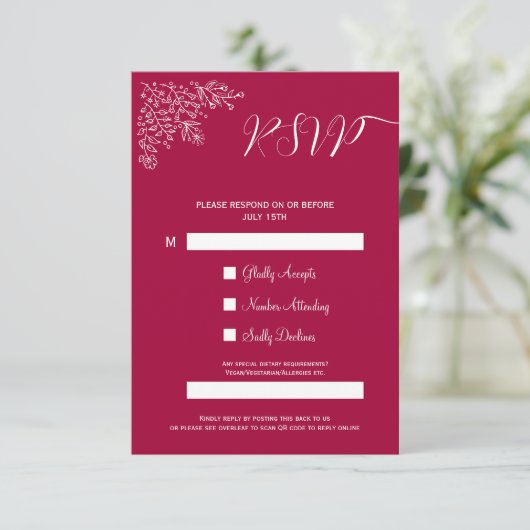 Moderne Magenta Floral Islamic QR Code RSVP Card Kaart (Staand voorkant)