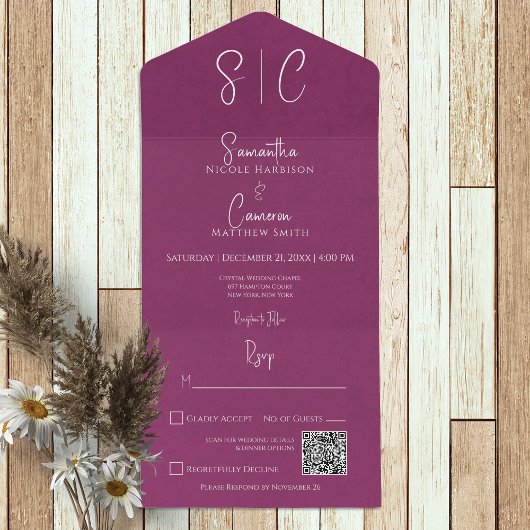 Moderne Magenta Minimale QR-code voor monogram All In One Uitnodiging