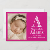 Moderne Magenta Monogram Geboortestatistieken Foto Aankondiging (Voorkant)