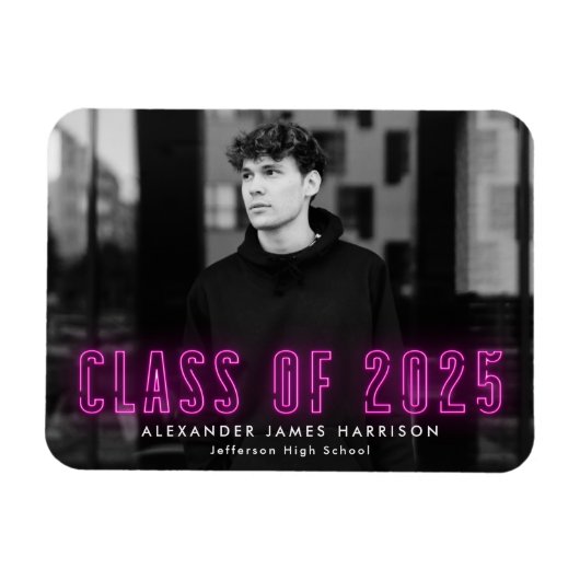 Moderne Magenta Neon Class of 2023 Photo Afstudere Magneet (Horizontaal)