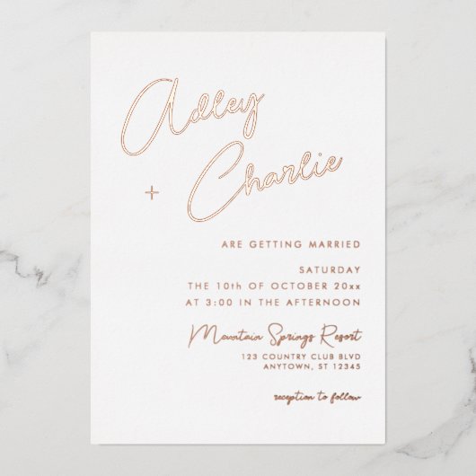 Moderne Magenta Roos Gold Wedding met gemengde let Folie Uitnodiging (Voorkant)