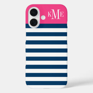 Moderne magenta roze marinestripes - aangepast mon iPhone 16 hoesje