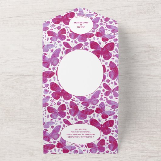 Moderne magenta roze Waterverf vlinder schilderen All In One Uitnodiging (Buitenkant)
