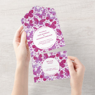 Moderne magenta roze Waterverf vlinder schilderen All In One Uitnodiging