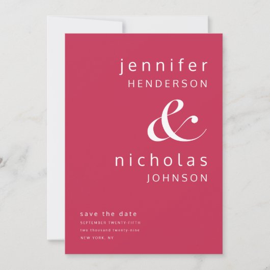 Moderne magenta typografie save the date (Voorkant)