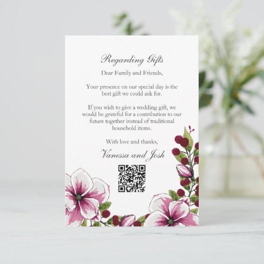 Moderne magenta witte bloemen groen met betrekking informatiekaartje (Staand voorkant)