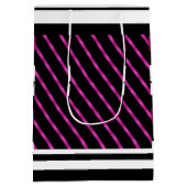 Moderne magenta zwarte witte strepen medium cadeauzakje (Achterkant)
