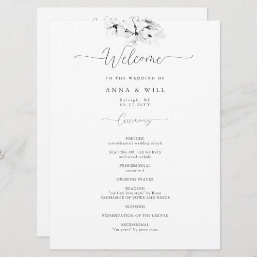 Moderne Magnolia Art Zwart Wit Huwelijksceremonie Programmakaart (Voorkant / Achterkant)